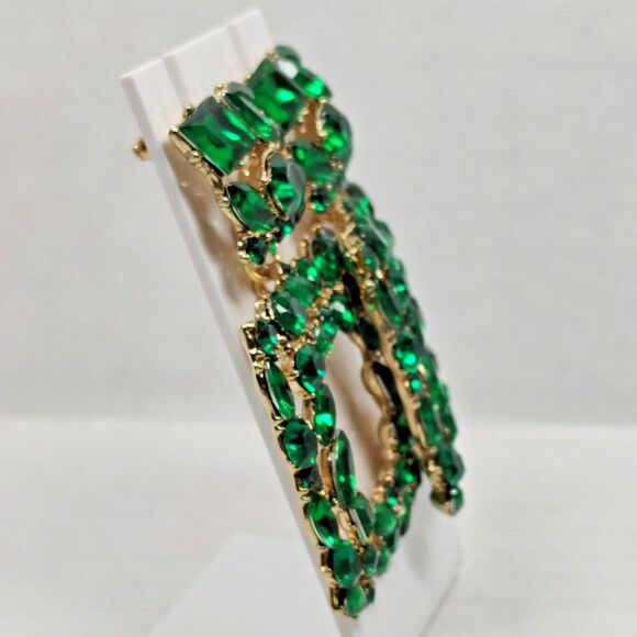 Gold Tone Metal Green Plastic Rhinestone Opulent Chandelier Earrings Square Drop - Picture 10 of 16
